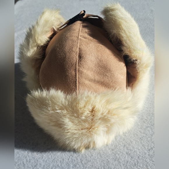 White Rabbit Fur Embroidered Aviator Trapper Hat - Tan - Picture 8 of 10